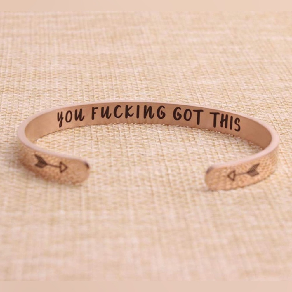 Swear-y Hidden Message Cuff Silver Bracelet “ Keep F#<$ing Going” Rose Gold tone